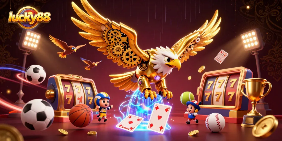 Experience the thrill of lucky88 with a golden eagle soaring through dynamic casino action and holographic playing cards.