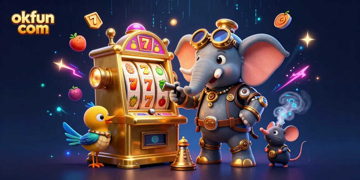 Win big at okfun com with a thrilling 3D illustration of a steampunk elephant operating a slot machine amidst vibrant casino elements.