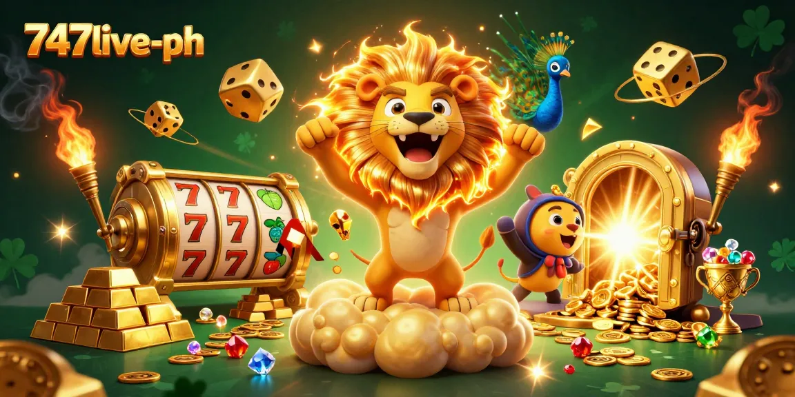 Experience the thrill of winning at 747live-ph, featuring a roaring sun lion and golden dice in a vibrant casino scene.