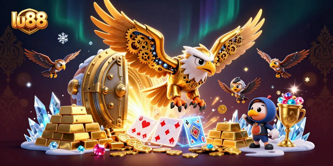 Experience thrilling moments at lu88 with a cybernetic eagle soaring through holographic cards and gold treasures.