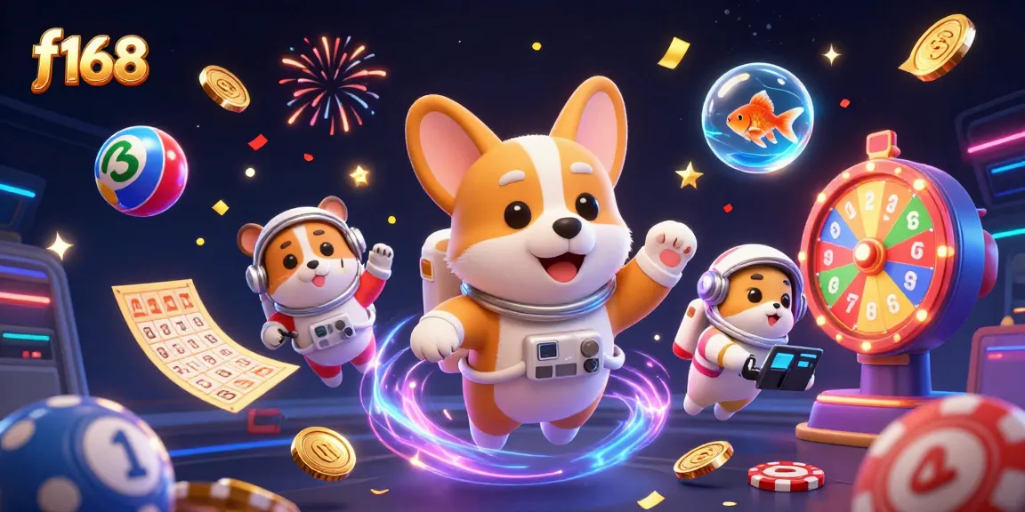 Play exciting games and win big with f168 at this vibrant space station casino illustration.