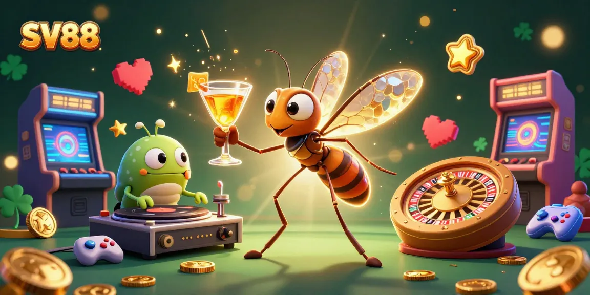 Experience the excitement of SV88 with a vibrant casino-themed illustration featuring unique mascots.