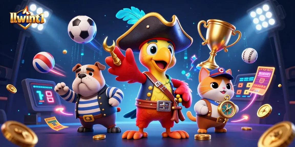 Engage with llwint1: A vibrant 3D digital illustration showcasing a pirate captain, first-mate bulldog, and navigator cat amidst dynamic sports elements.