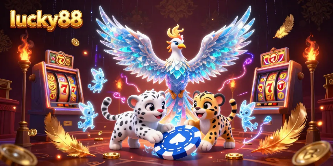 Experience the thrill of lucky88 slots with a dazzling phoenix and playful snow leopard in action.