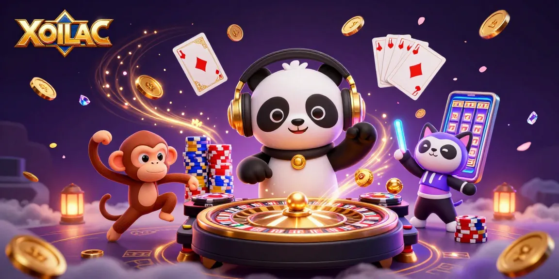 Experience the thrill of winning with XOILAC as DJ panda spins roulette and gem-adorned characters dance.