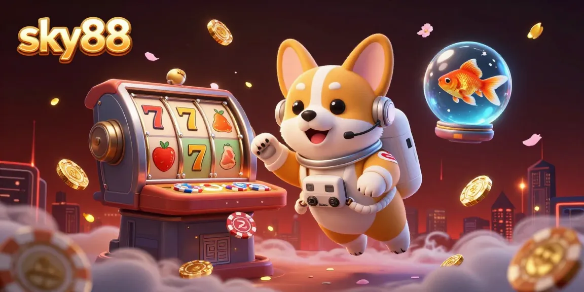 Experience thrilling action at sky88 casino with a 3D astronaut corgi in a vibrant gaming scene.
