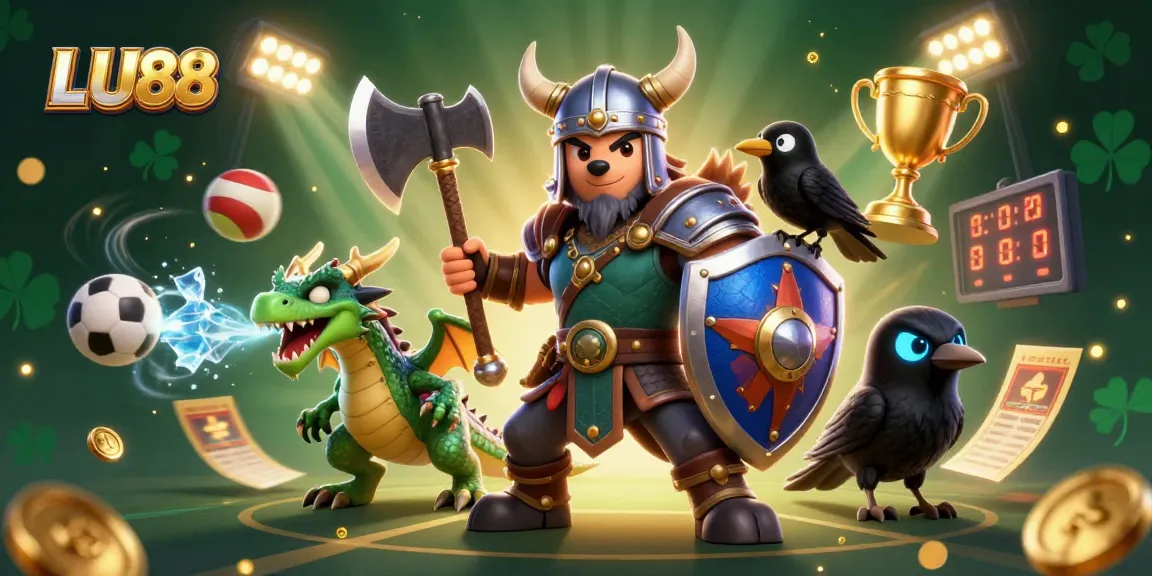 Engage with thrilling LU88 casino experiences featuring a Viking warrior and dragon amidst dynamic action.