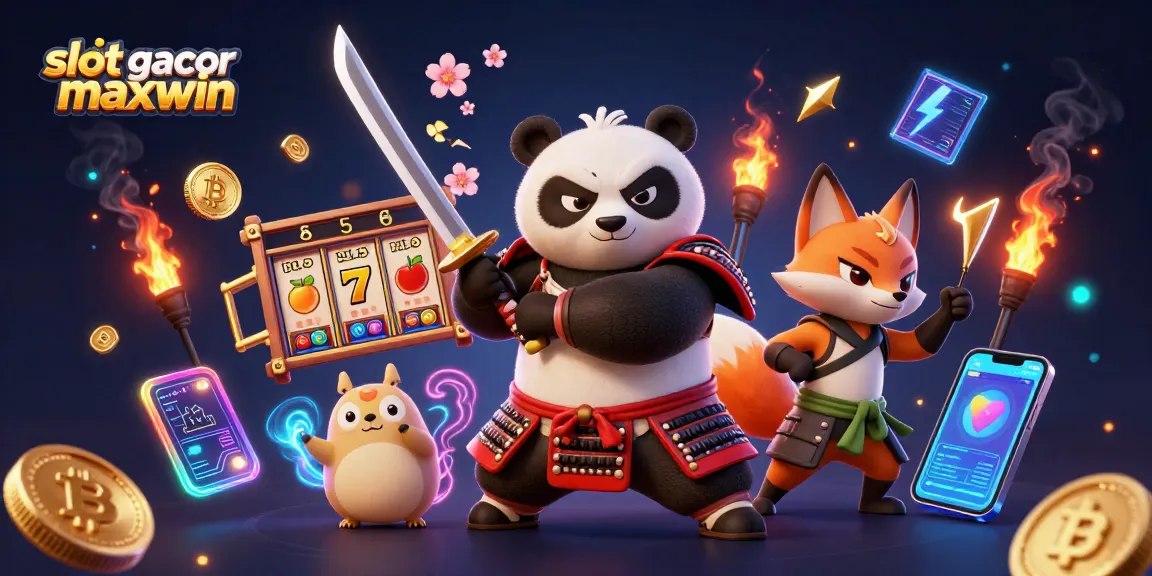 Experience slot gacor maxwin with dynamic samurai panda, fox, and tanuki amid vibrant casino elements.