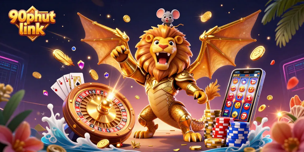 Engage with the exhilarating 90phut link featuring 3D elements of a chimera, golden treasures, and casino games.