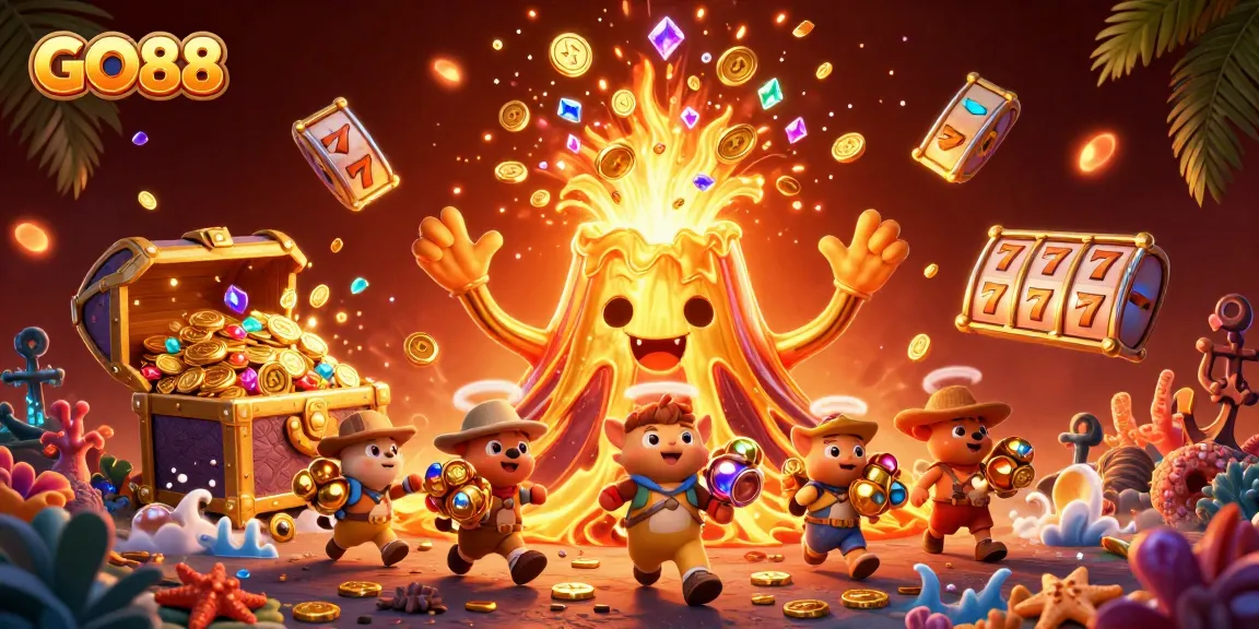 Experience excitement at GO88 with a vibrant depiction of a golden volcano erupting treasure in a dynamic casino setting.
