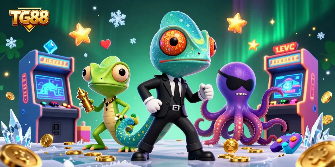 Experience thrilling gaming at TG88 with a secret agent chameleon and adventurous companions amidst vibrant casino elements.