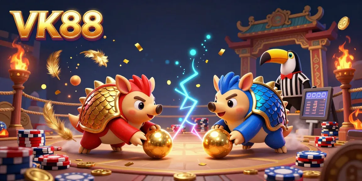 Compete in thrilling games at VK88 as pangolins bowl through stacks of poker chips in this vibrant casino scene.