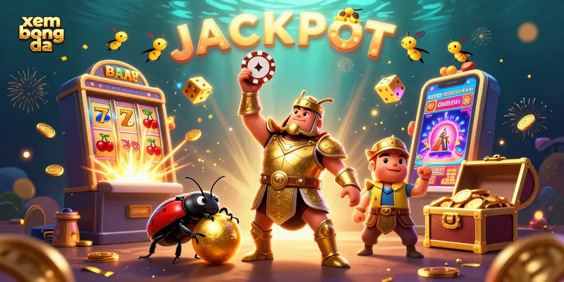 Watch xem bong da seamlessly as a victorious beetle lifts a poker chip amidst casino gold and dynamic game elements.