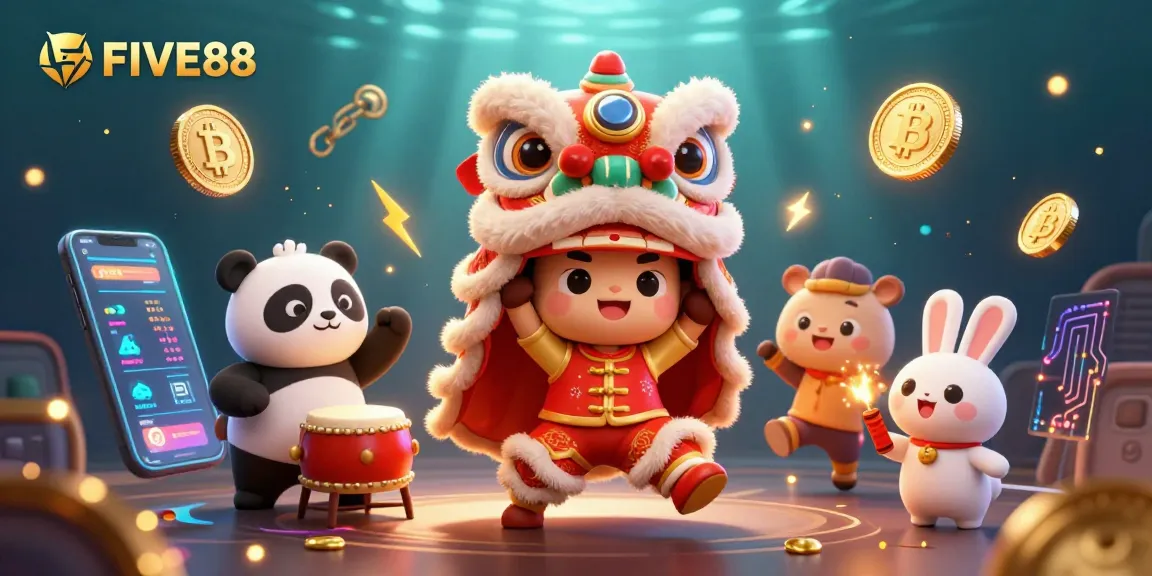 Join the excitement of FIVE88 casino with vibrant characters and dynamic gaming elements in a busy festive scene.