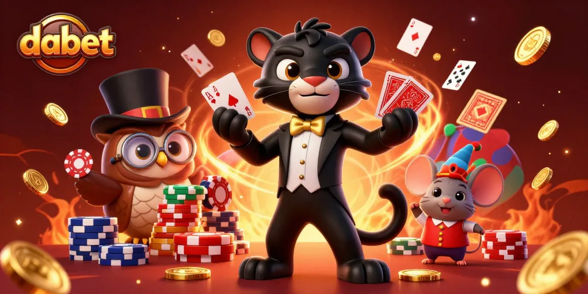 dabet's dynamic casino scene features a tuxedoed panther, a poker-owl, and a lucky mouse amidst sparkling treasures.