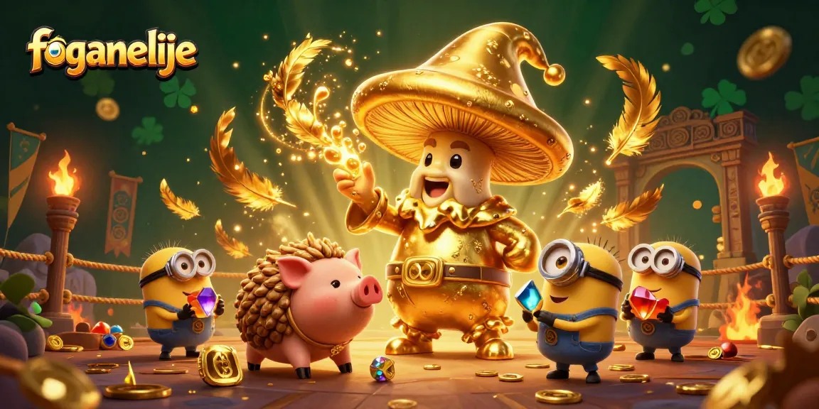 Experience thrilling wins at foganelije with magical golden wizard and treasure-seeking pig in a vibrant casino scene.