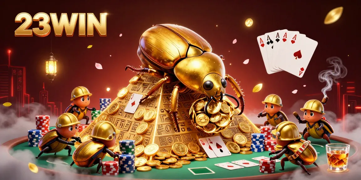 Experience the excitement of 23WIN as golden beetles navigate casino fun with poker tables and vivid elements!