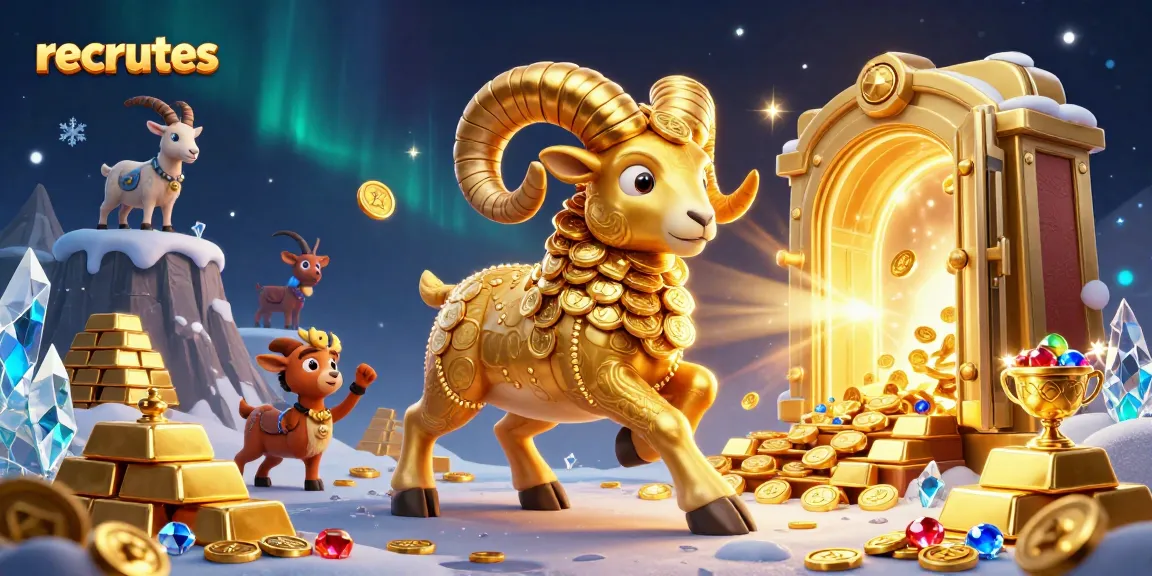Experience the excitement of recrutes as a golden ram charges towards treasure with casino stakes.