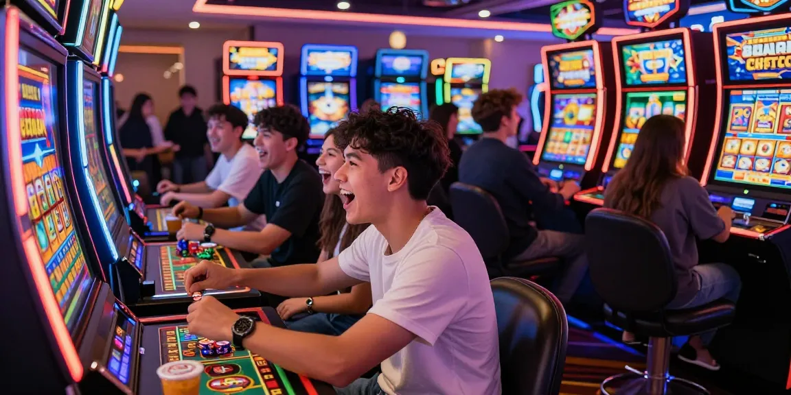 Excited group celebrating a win at slot gacor machines in a lively casino.
