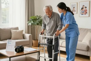 Caregiver demonstrating shoppers home health equipment to elderly patient in a bright living room.