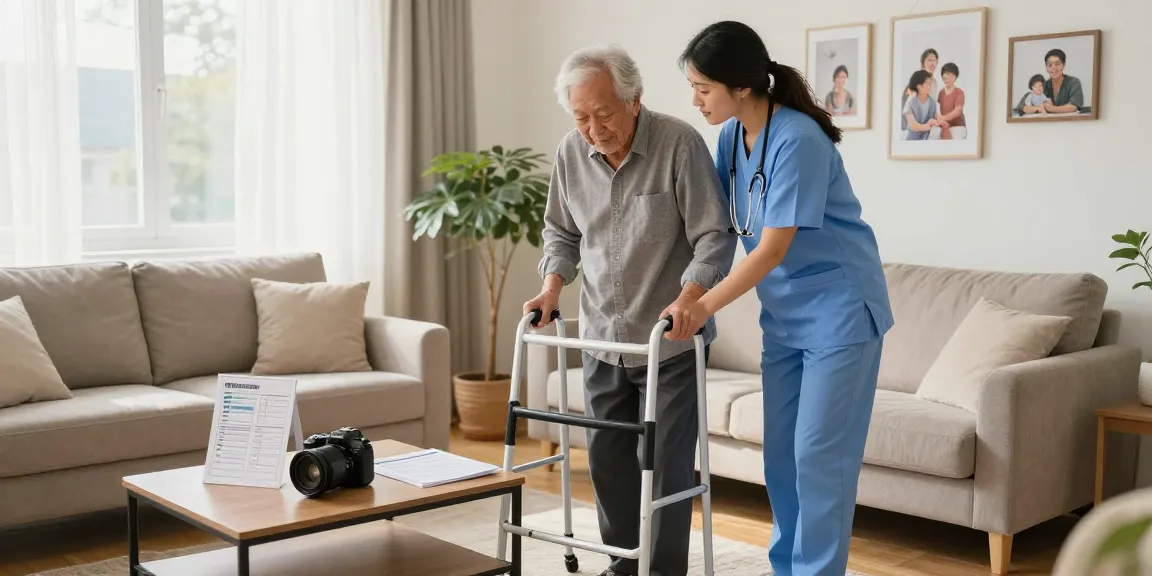 Caregiver demonstrating shoppers home health equipment to elderly patient in a bright living room.