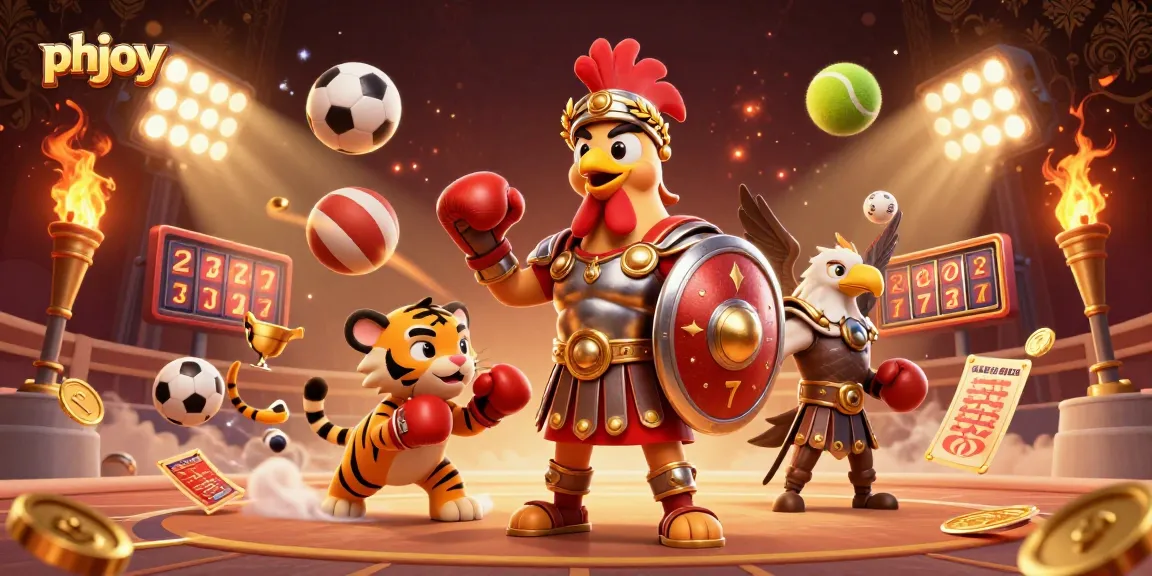 Engage with the excitement of phjoy by enjoying a dynamic 3D scene of casino-themed characters and elements.