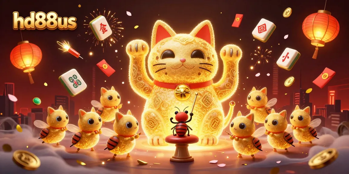 Win big with hd88us as a giant lucky cat waves amidst vibrant casino symbols and golden elements.