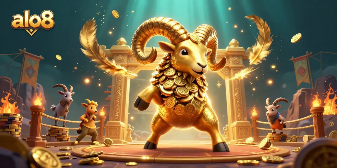 Engage with alo8 in an exciting 3D casino scene showcasing a golden ram at a vibrant betting arena.