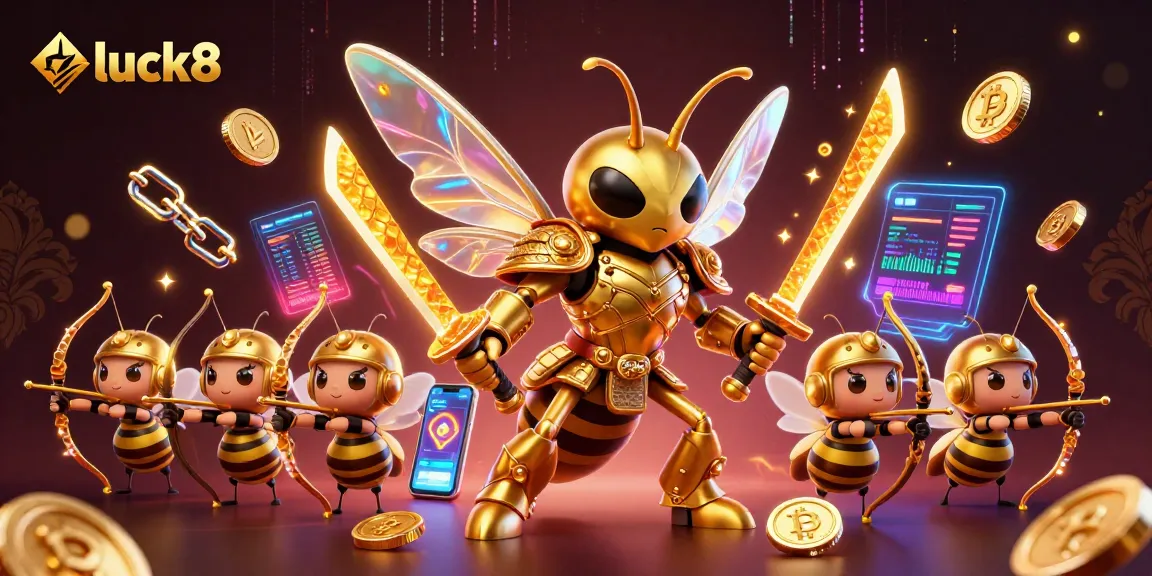 luck8 offers engaging gameplay with a vibrant 3D scene featuring the golden hornet samurai amidst crypto coins.