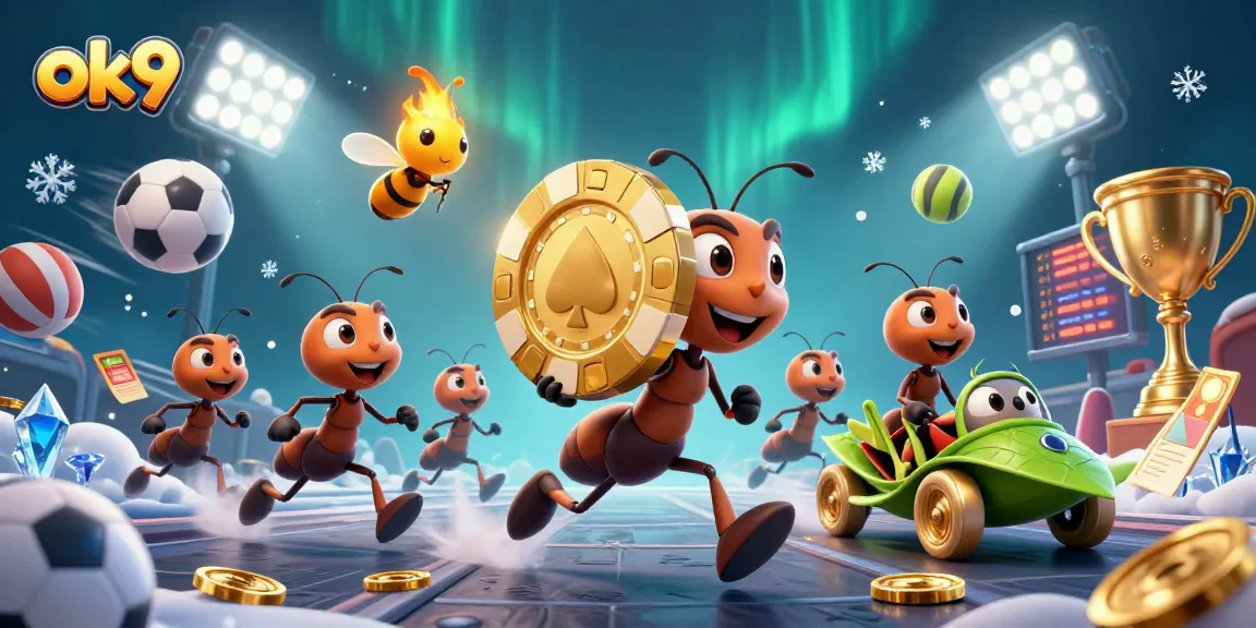 Engage with ok9 as ants pull off a heist with golden poker chips in this vibrant gambling scene.