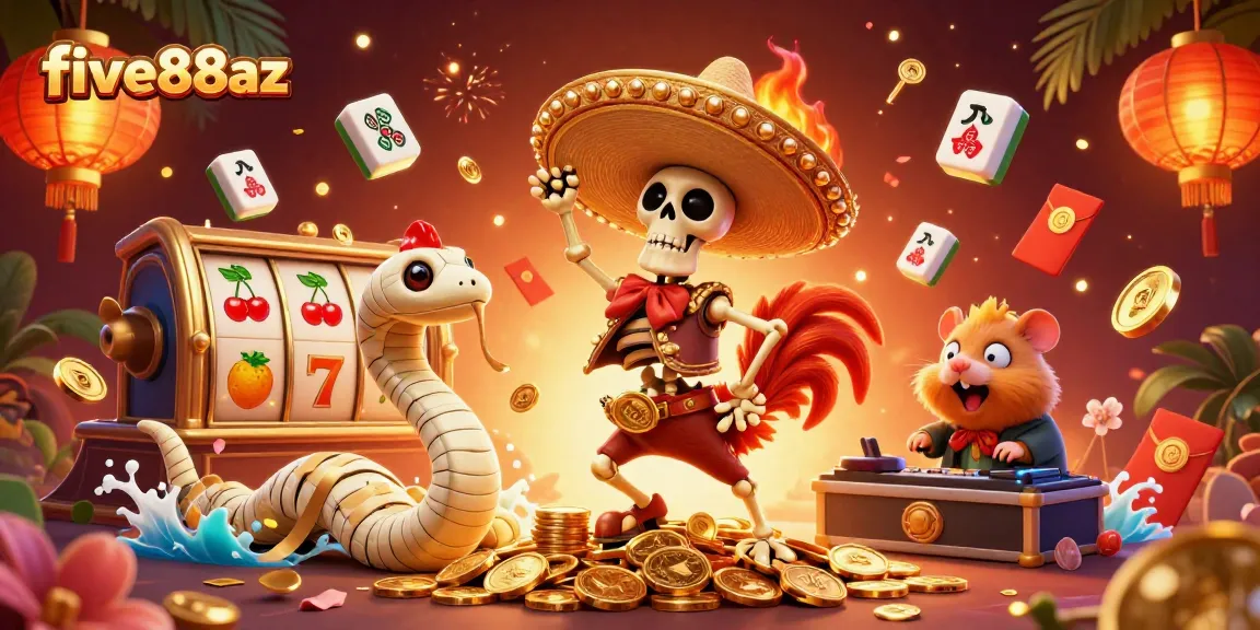 five88az showcases a vivid scene of a mariachi rooster, mummy snake, and DJ hamster celebrating casino jackpots.
