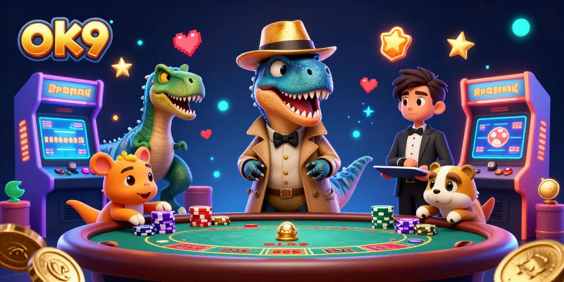 Engage in thrilling blackjack with ok9, featuring vibrant 3D characters and colorful casino elements.