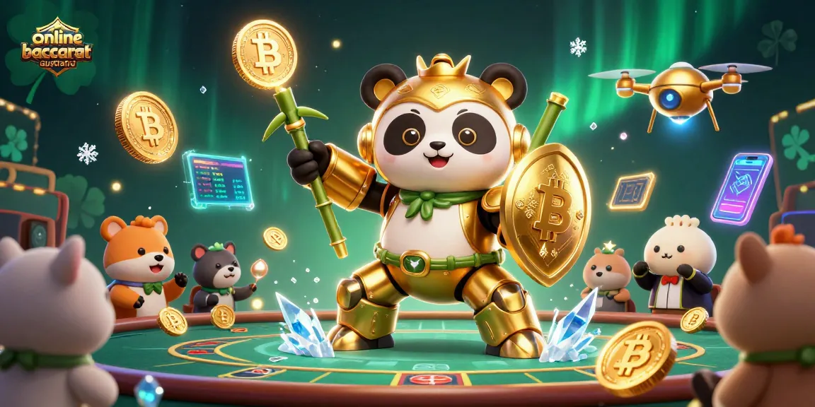 Engage in online baccarat Australia featuring a golden panda battling with a bamboo robot among vibrant crypto elements.