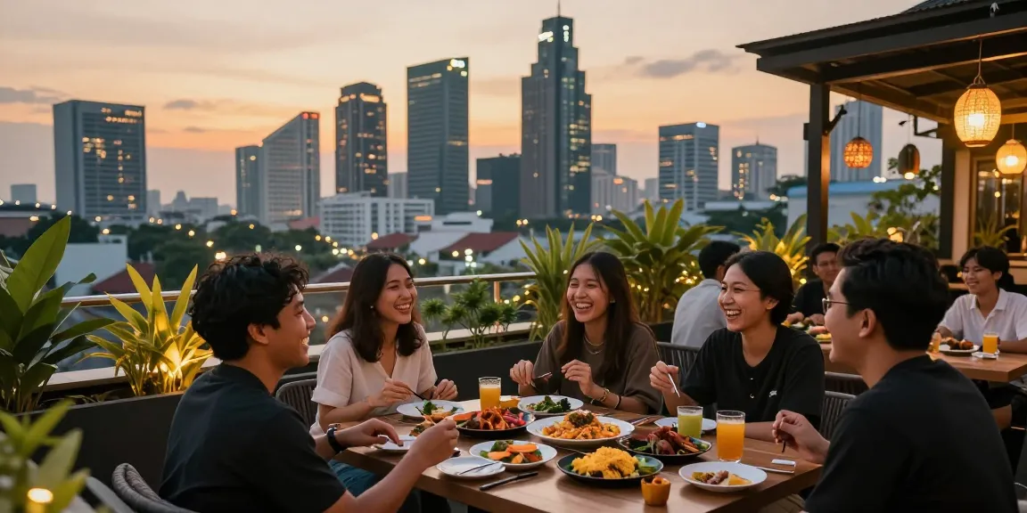 Group of friends enjoying a vibrant rooftop dinner in Jakarta, featuring local dishes and a stunning sunset.