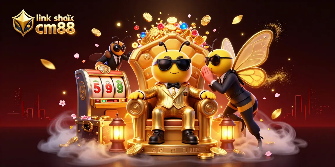 Link không chặn cm88 showcases a 3D bumblebee mob boss leading a vibrant casino scene filled with slot machines.