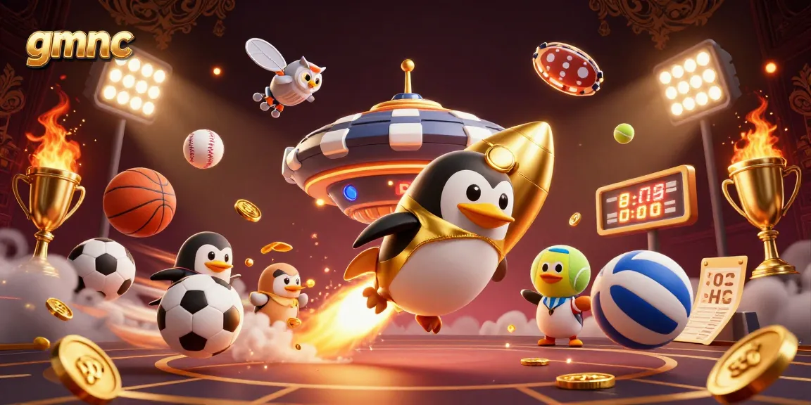 Engage with gmnc's exciting casino landscape in 3D, featuring a golden penguin and a poker chip.