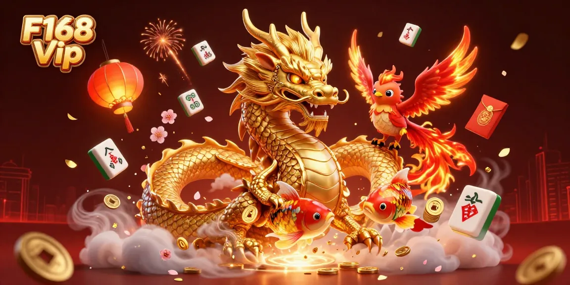 Experience thrilling wins at F168 Vip, where a fierce dragon, phoenix, and koi fish bring luck!