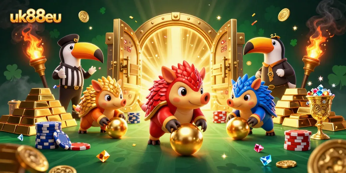 Engage with uk88eu as pangolins bowl through poker chips in a vibrant casino scene.