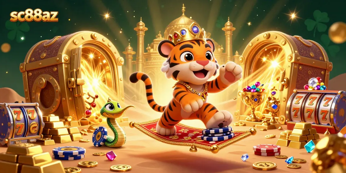 Experience thrilling gaming at SC88AZ with dynamic casino scene featuring vibrant characters and gold treasures.