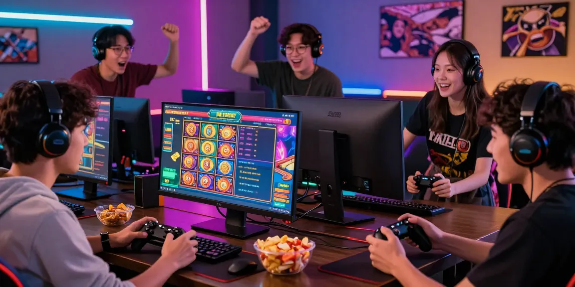 Enthusiastic friends enjoying katatogel online gaming experience with colorful visuals.