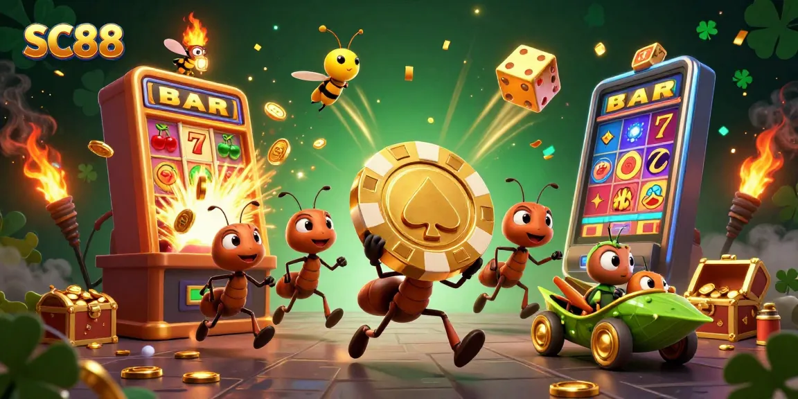 Experience SC88's thrilling adventure with ants heisting a giant poker chip amidst illuminating casino elements.