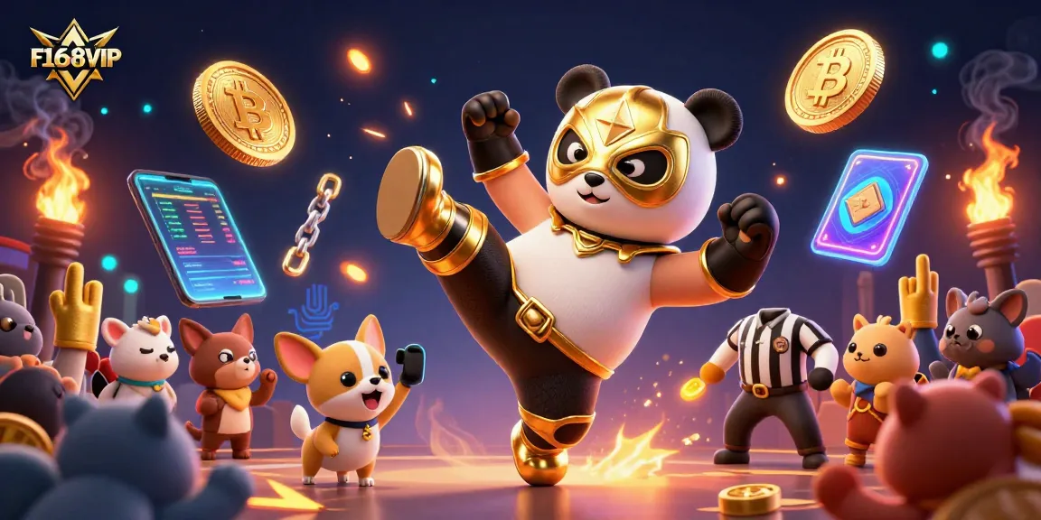 Experience the thrill of F168VIP with a professional wrestling panda and festive animal fans in a vibrant casino setting.