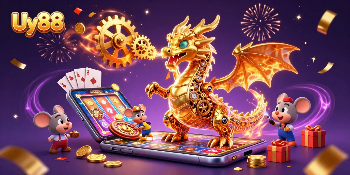 Experience the thrill of Uy88 with the golden dragon and immersive casino elements in this vibrant 3D scene.