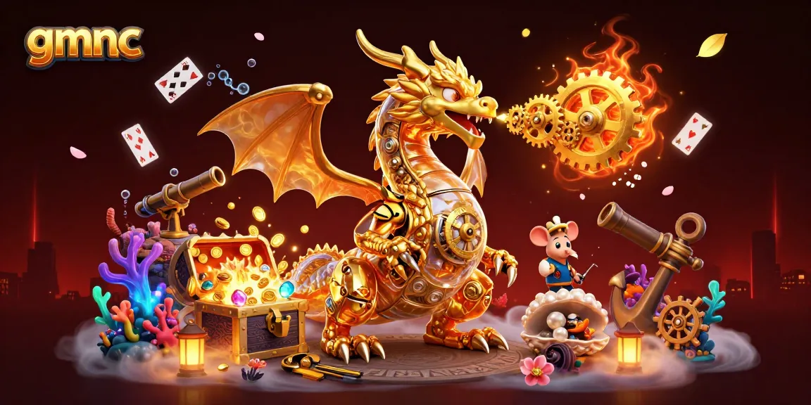 Experience gmnc's thrilling gaming world with a golden dragon amidst vibrant casino elements.