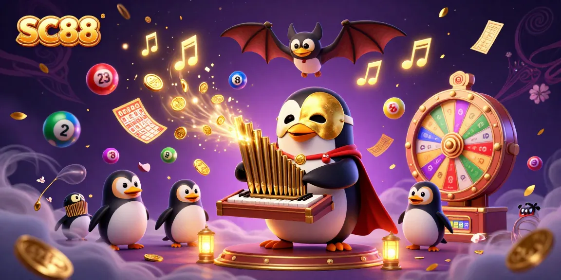 SC88 showcases a thrilling scene with a cartoon penguin and colorful lottery elements soaring through the air.