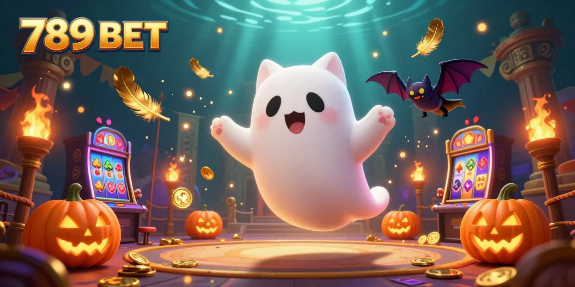Engage in fun with 789 BET in this colorful casino illustration featuring a ghost cat and vibrant gaming elements.