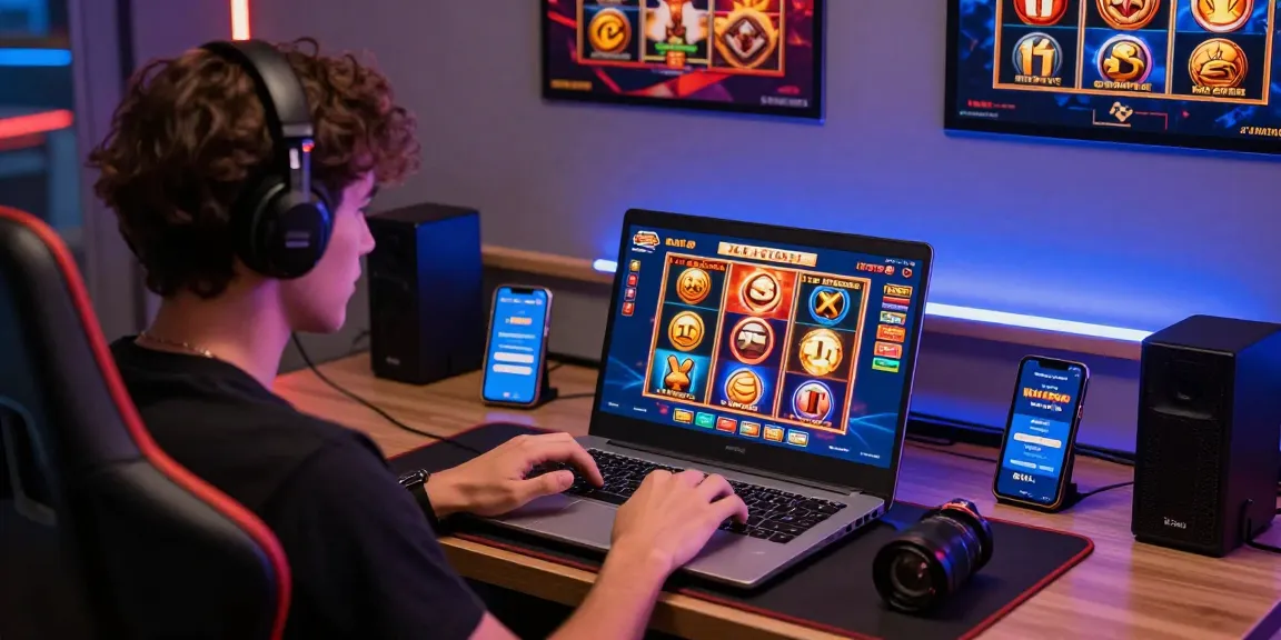 Katatogel, platform permainan slot online, menunjukkan pemain fokus menggunakan laptop dengan grafis permainan menarik dan suasana nyaman.