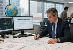 CRN Registration Canada process in a modern engineering office with professionals analyzing blueprints and CAD models.