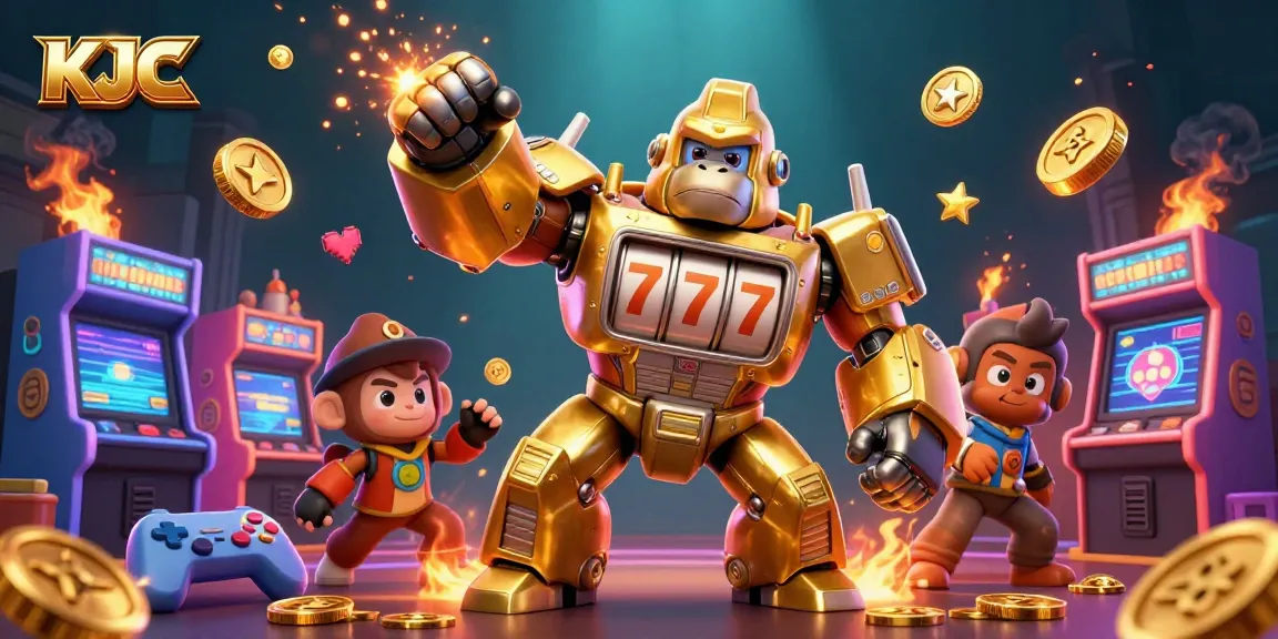 KJC showcases a dynamic 3D gorilla mech powered by slot machine parts, exploding with coins in a vibrant casino arcade.