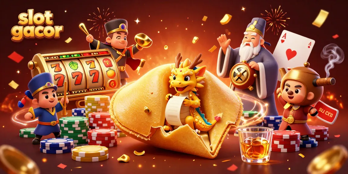Experience the adventure of slot gacor with golden fortune cookie magic and vibrant casino elements.